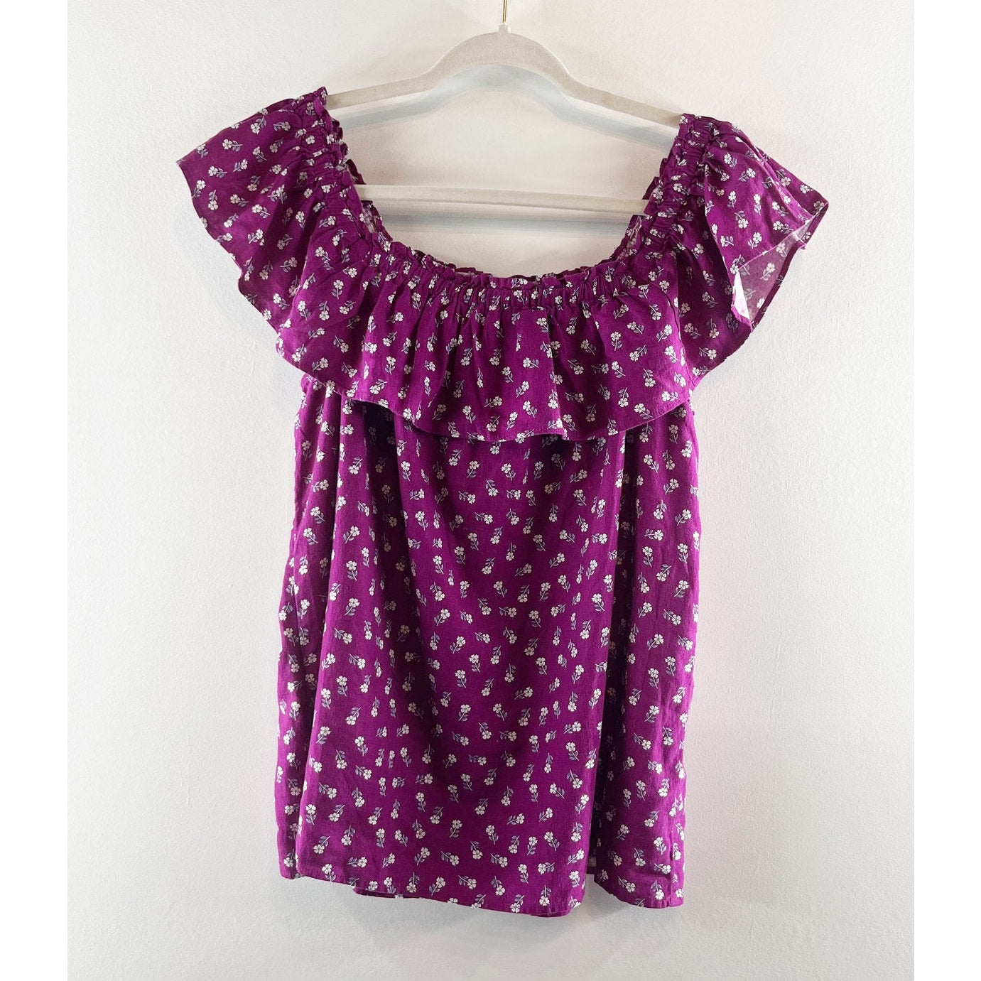 Loft Floral Print Linen-Blend Layered Ruffle Off-The-Shoulder Top Violet Medium