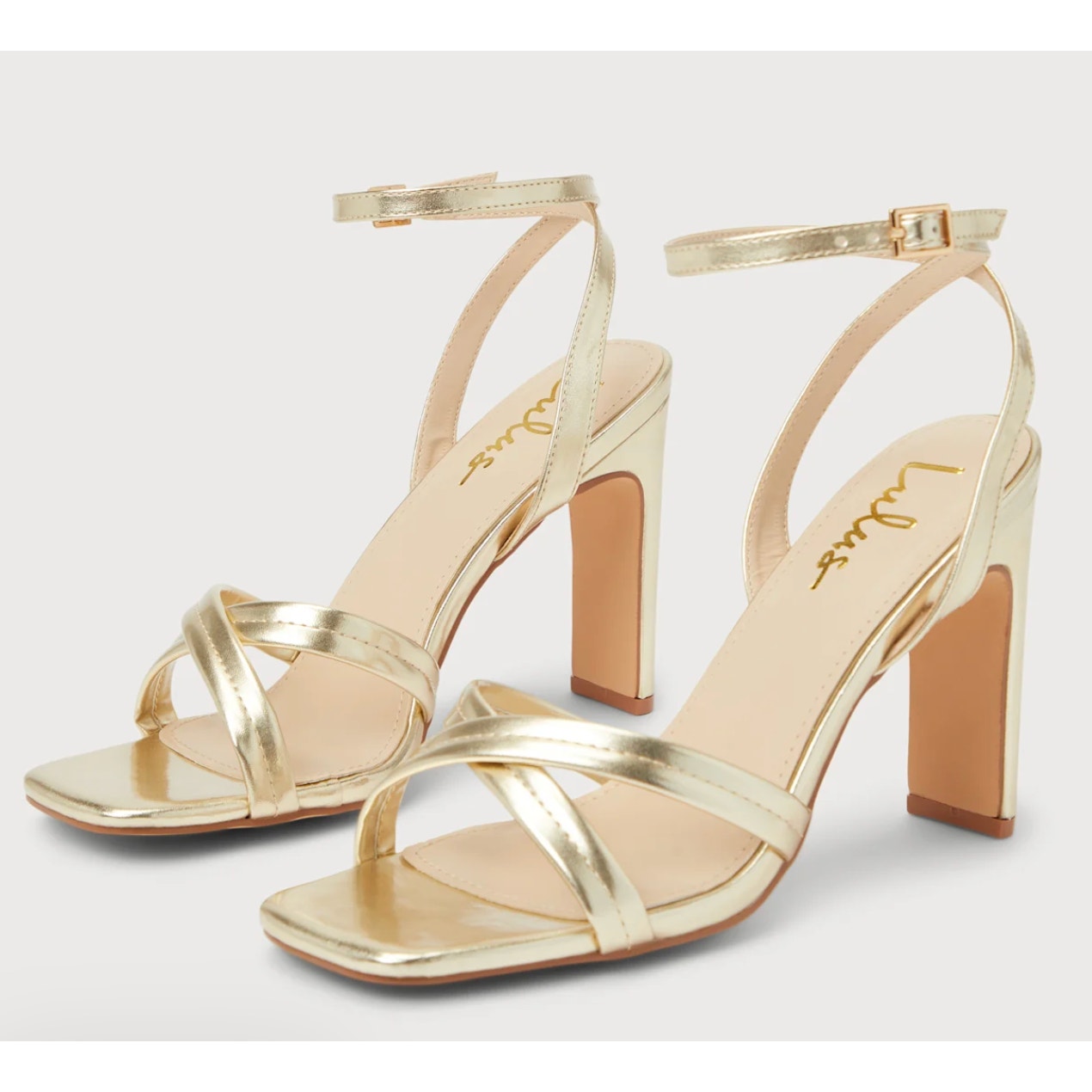 Lulus Milanii Square Toe Ankle Strap High Heel Sandals Metallic Gold 10