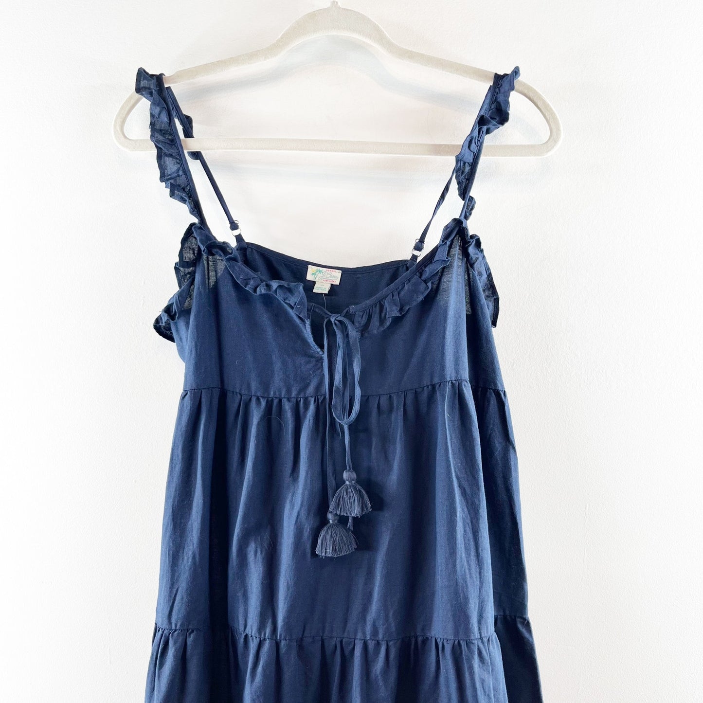 J. Crew Tiered Ruffle Strap Midi Beach Dress in Crinkle Cotton Navy Blue XS