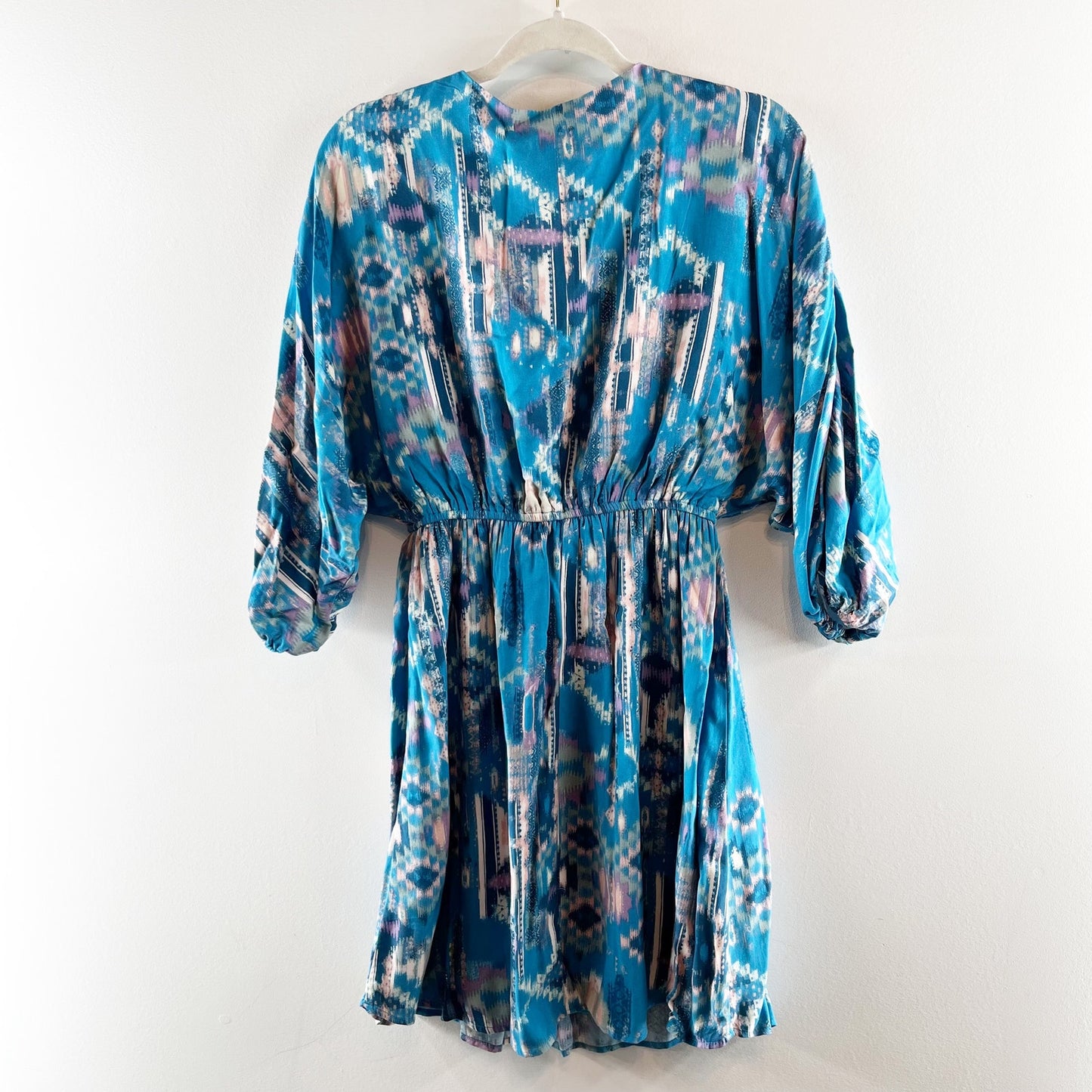 Savanna Jane Printed 3/4 Sleeve Peasant Mini Dress Teal Blue Small