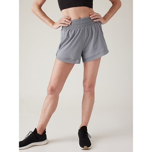 Athleta High Rise Mesh Racer Run Lined Running Shorts Gray Blue Large