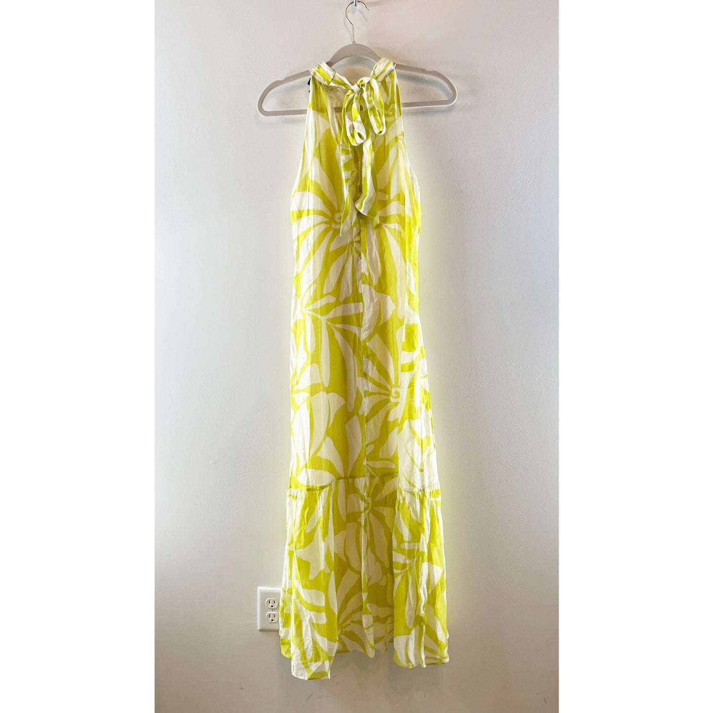 MSK Floral Tiered Halter Tie Back Maxi Sundress Chartreuse Green Small