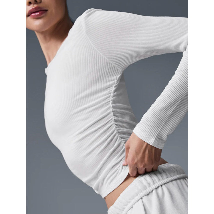 Alo Gather Long Sleeve Ribbed Ruched Top White Small