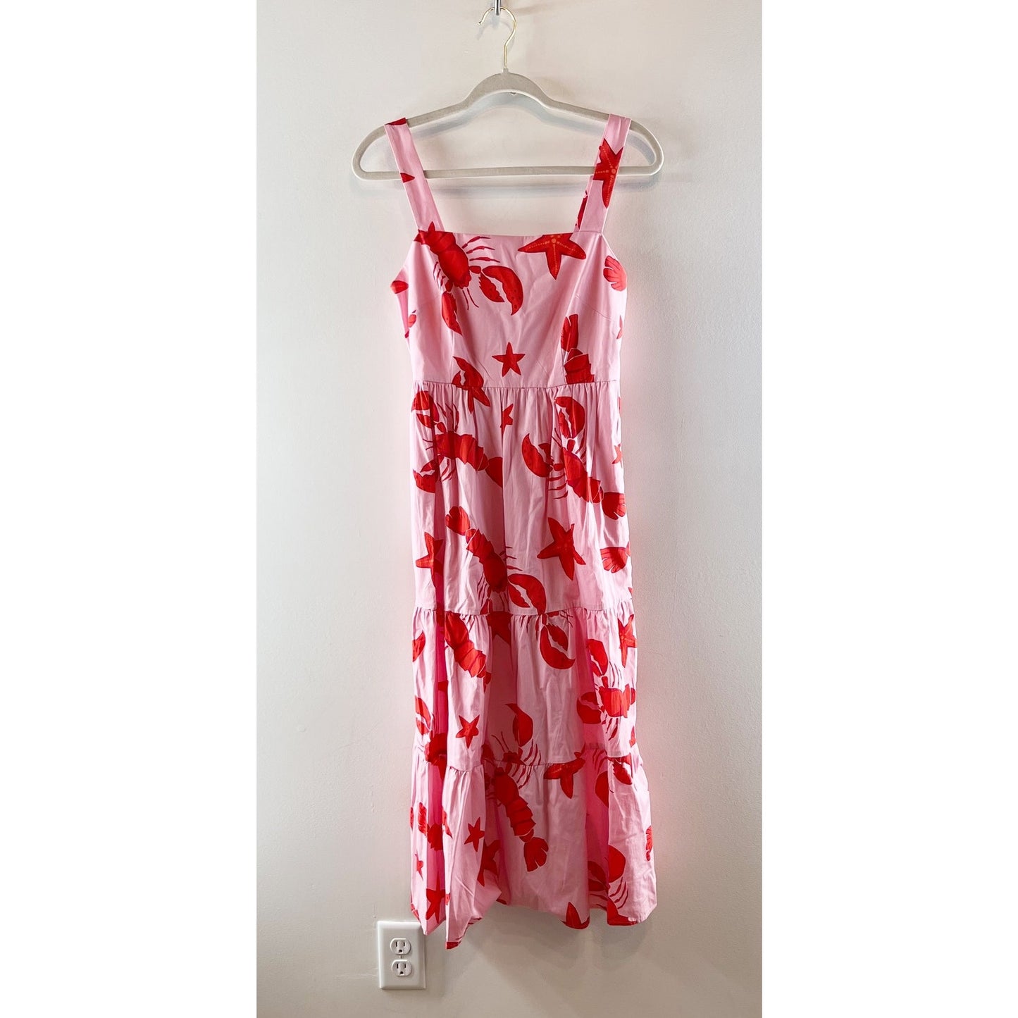 J. Crew Sleeveless Square Neck Lobster Print Midi Dress Pink Red 4