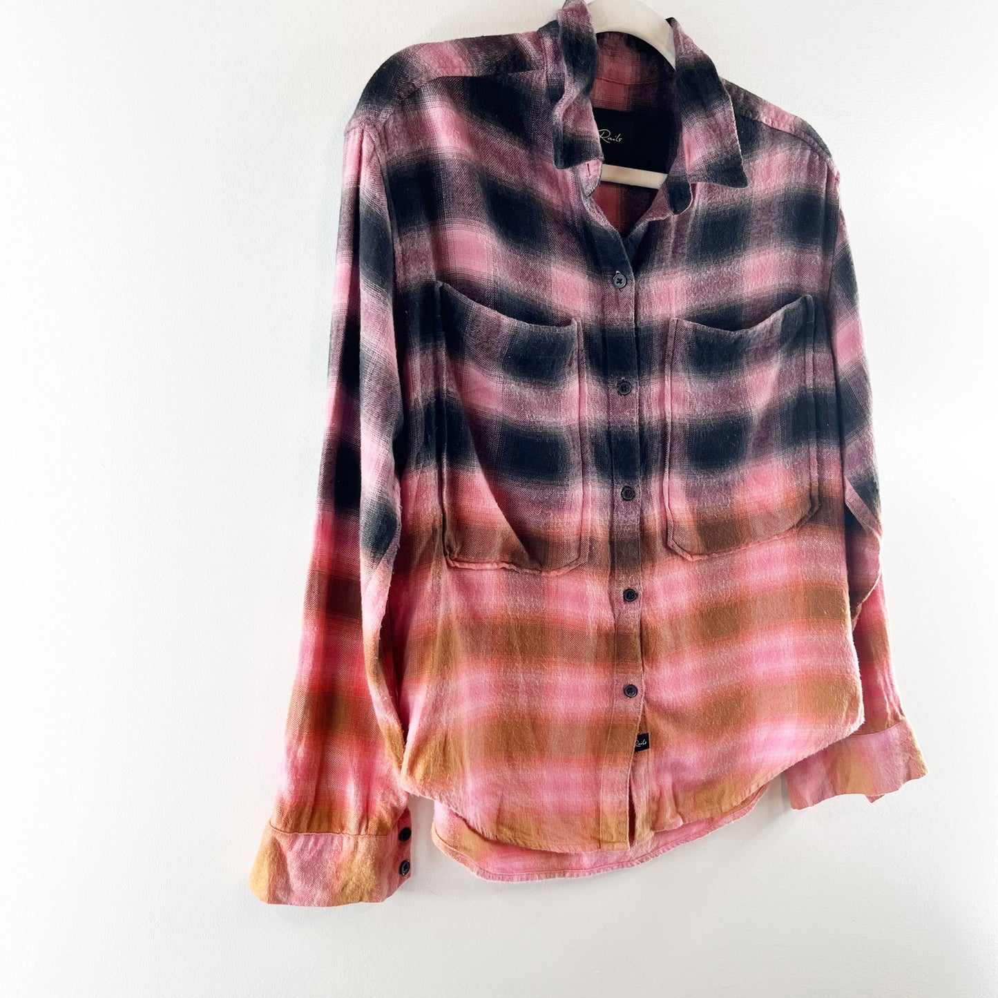 Rails Tierra Plaid Long Sleeve Button-Front Shirt In Pink Orange Dip Dye Small