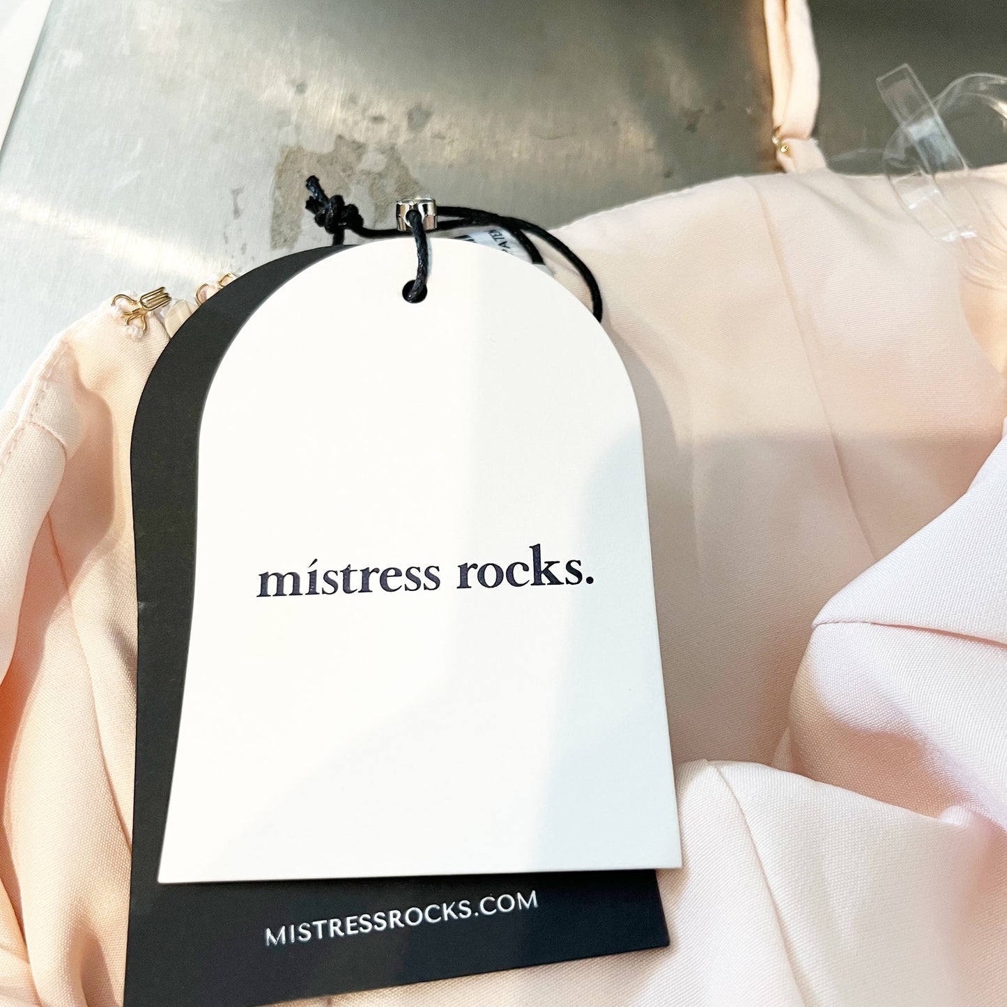 Mistress Rocks Satin Mesh Trim Off-the-Shoulder Bodycon Mini Dress Peach XS