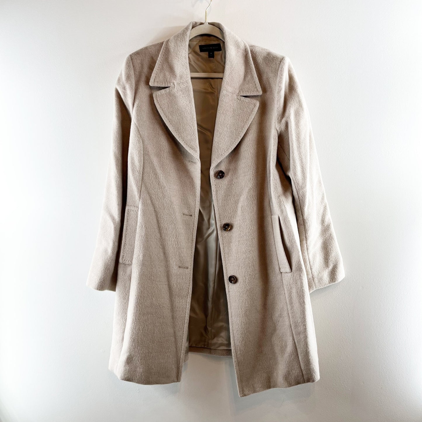Katherine Kelly Lined Alpaca Wool Knee Length Peacoat Jacket Tan Beige 16