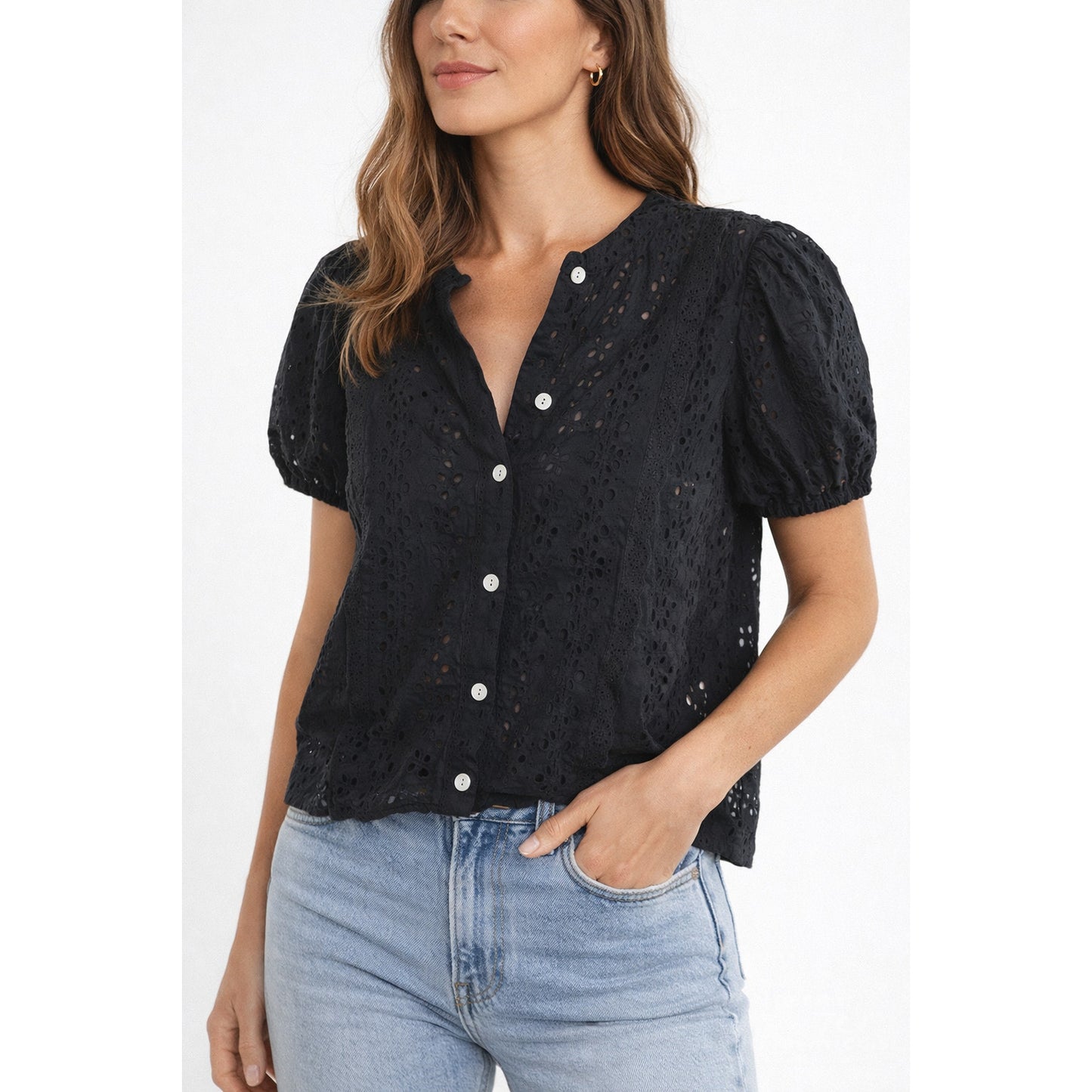 Industry 100% Cotton Eyelet Short Puff Sleeve Blouse Top Black Medium