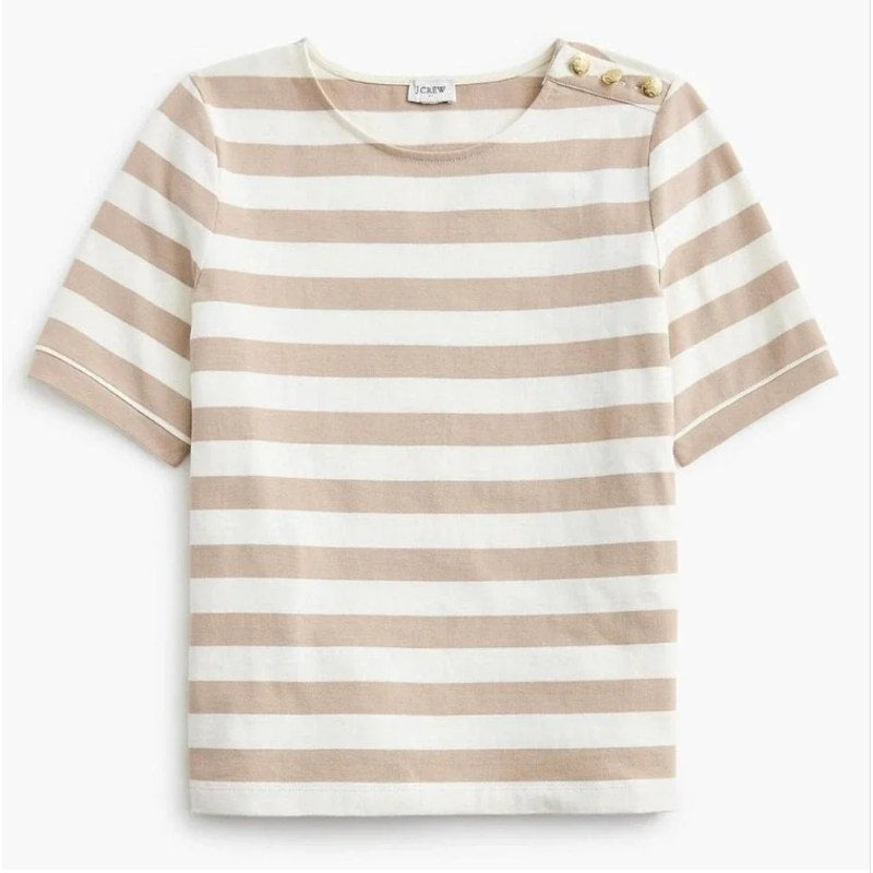 J. Crew Striped Cotton Short Sleeve Tee Shirt Gold Buttons Cream Tan Small