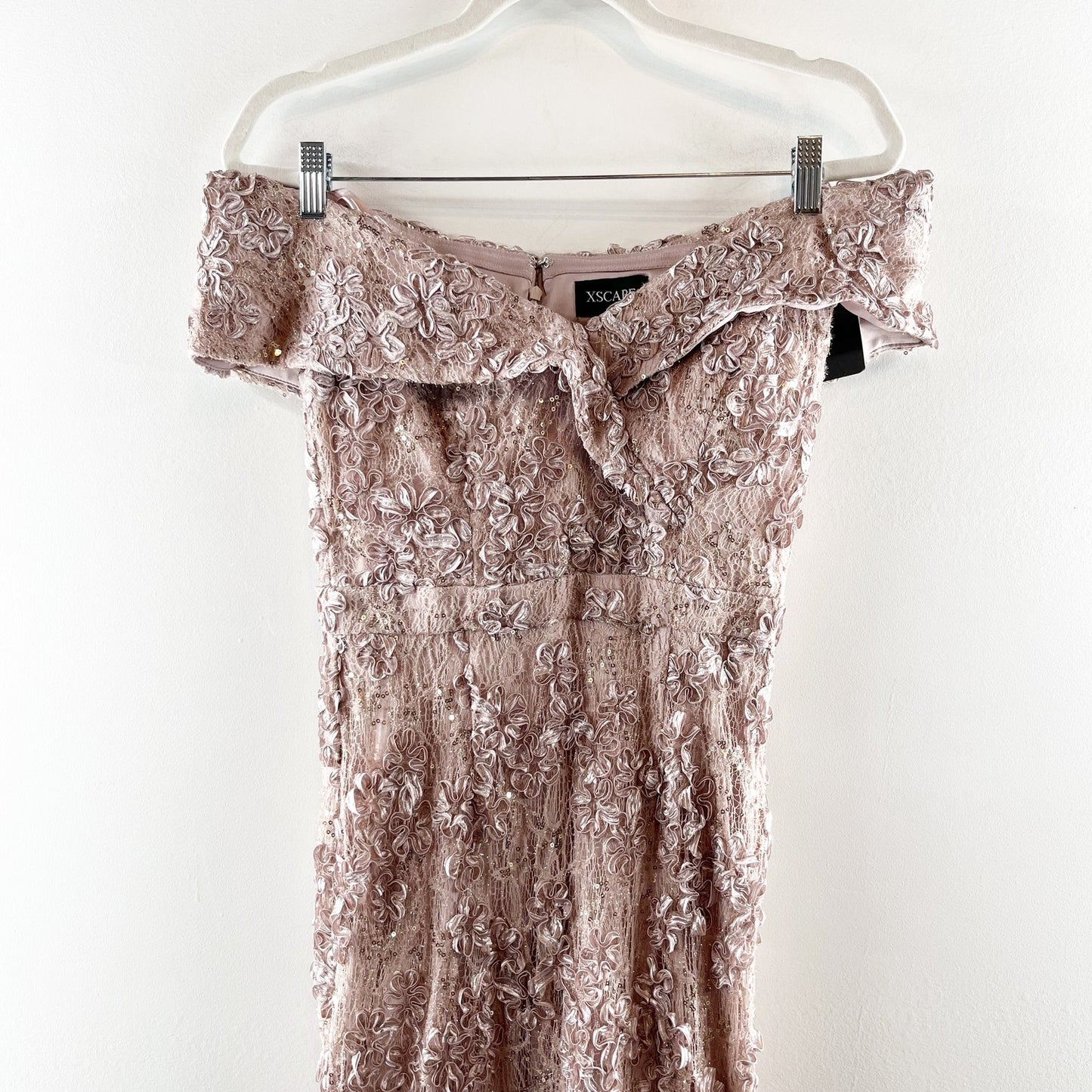 Xscape Jill Off The Shoulder Lace A Line Long Evenings Gown Taupe Pink 4