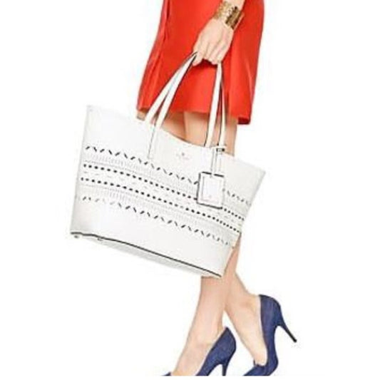 Kate Spade Lillian Court Laser Cut Tote Purse Bag Leather White