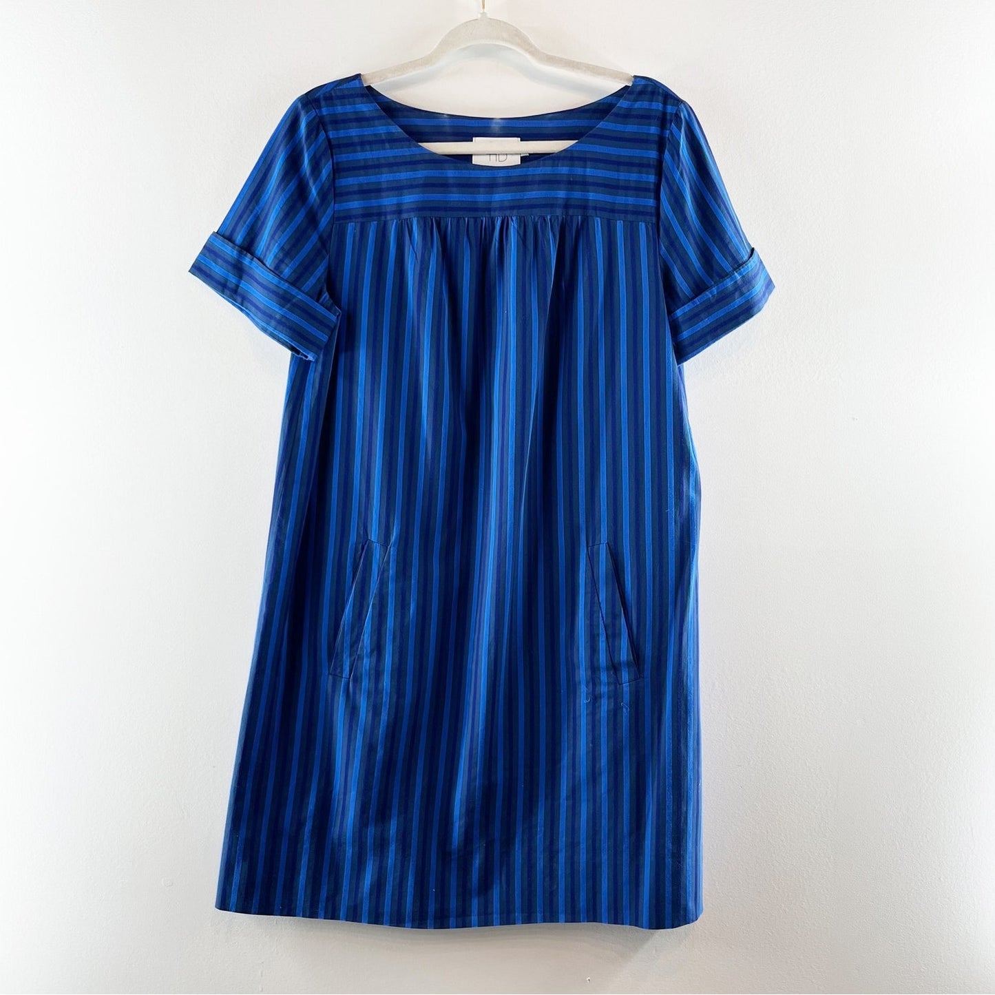 HD in Paris Anthropologie Short Sleeve Striped Cotton Mini Shift Dress Blue 12