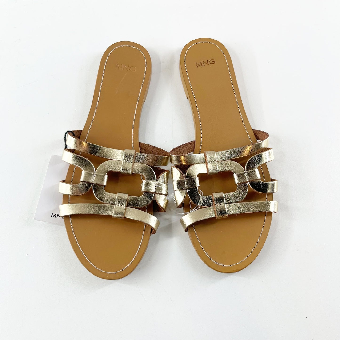 MANGO Leather Straps Slip On Flat Slide Sandals Metallic Gold 39 / 8.5