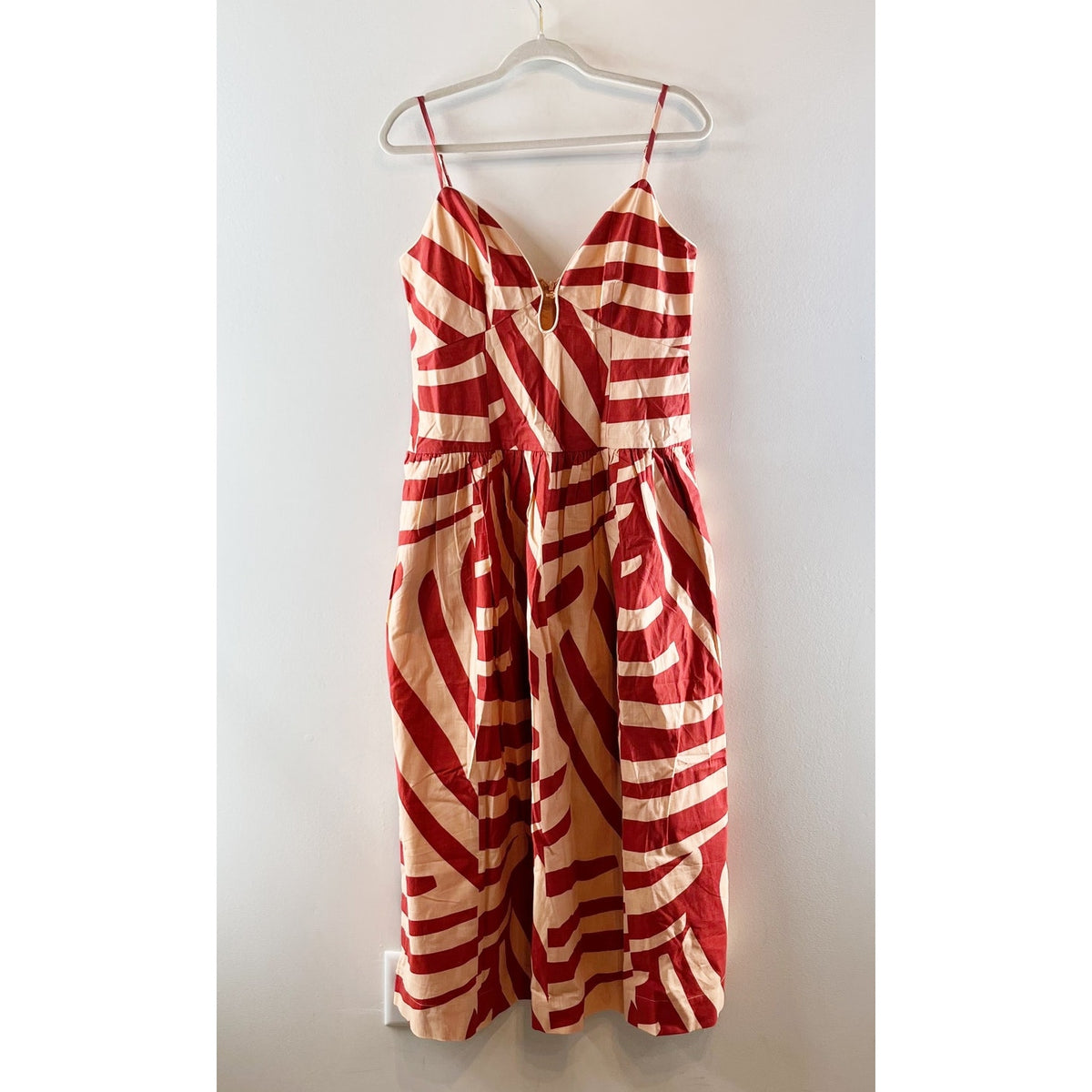 Mon Renn Geometric Cotton Drop Waist Midi Dress Maroon Red Medium