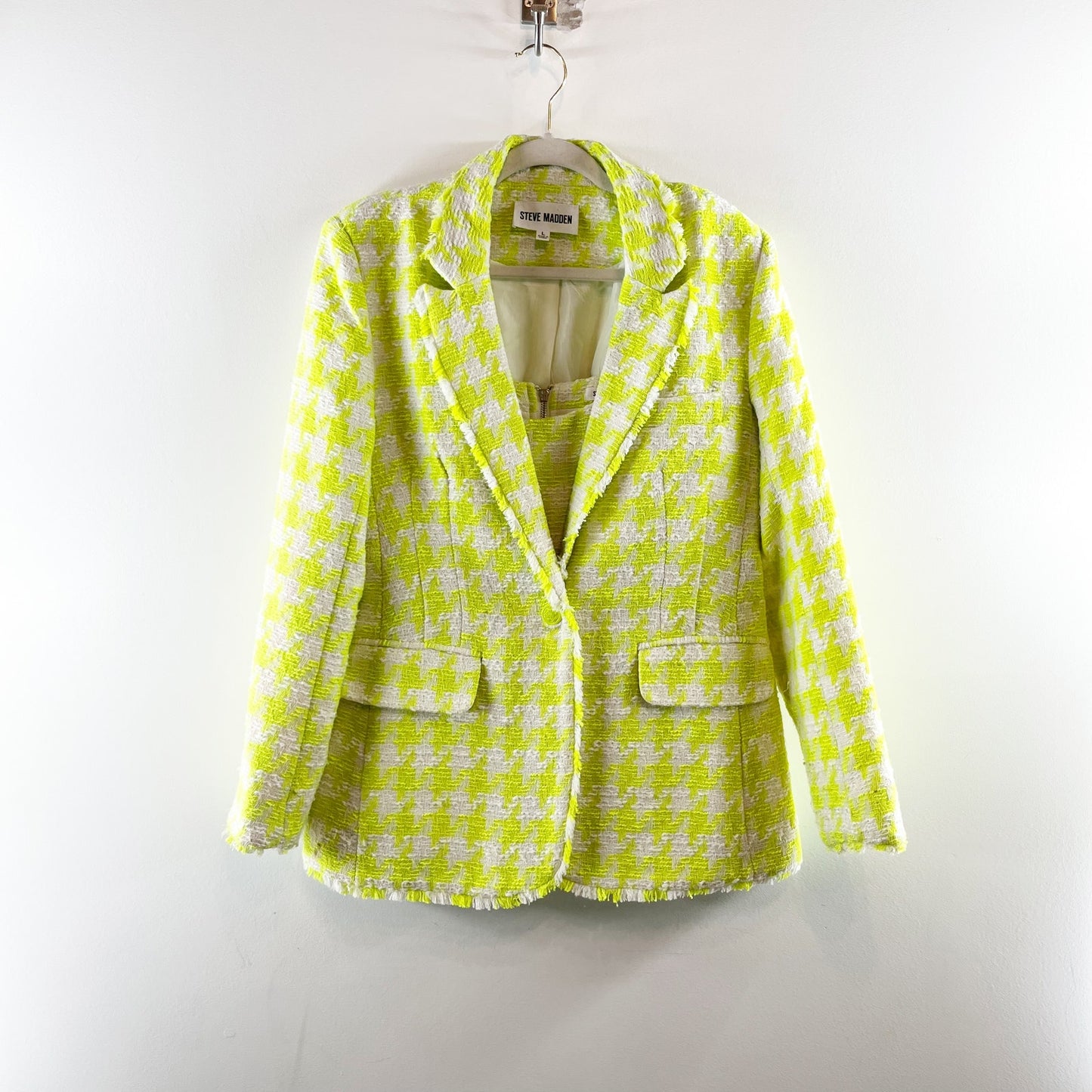 Steve Madden Houndstooth Tweed Layla Crop Tank Top & Harlow Blazer Set Lime L