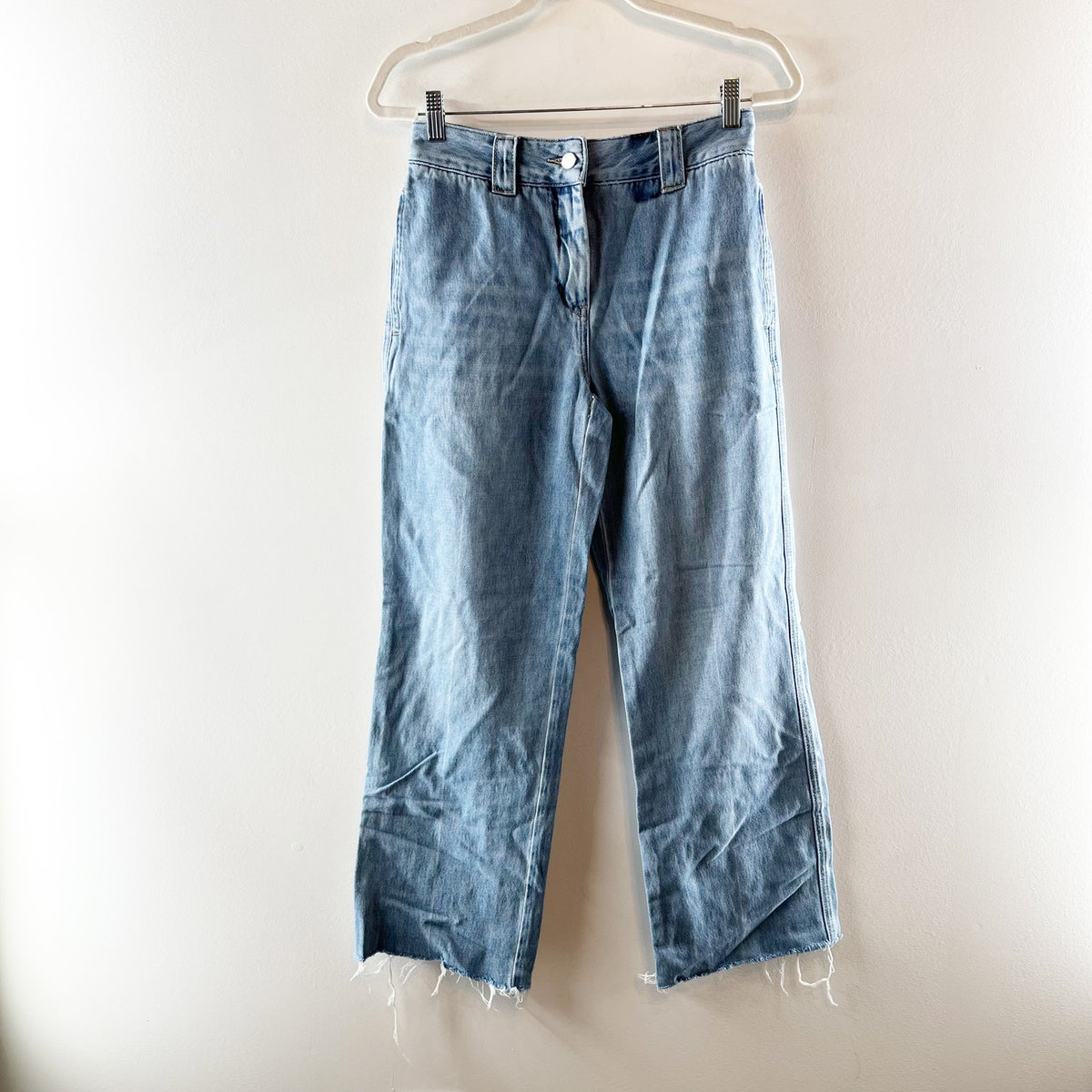 Saintart Nessa Mid Rise Straight Leg Raw Hem Jeans Medium Wash Blue XS