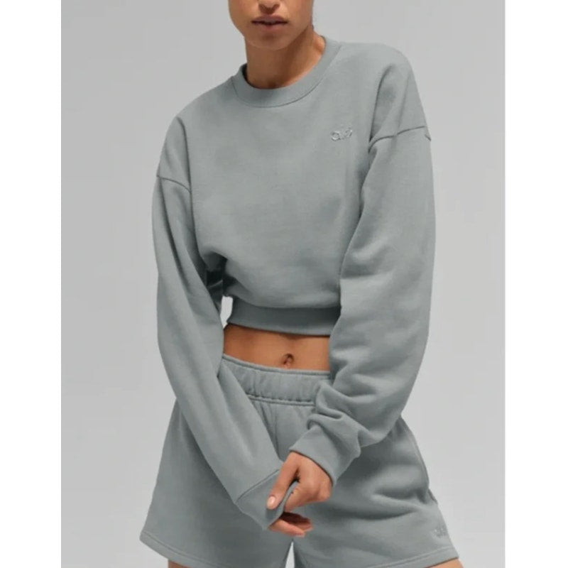 Alo Accolade Cropped Crewneck Sweatshirt Lunar Gray Green XS