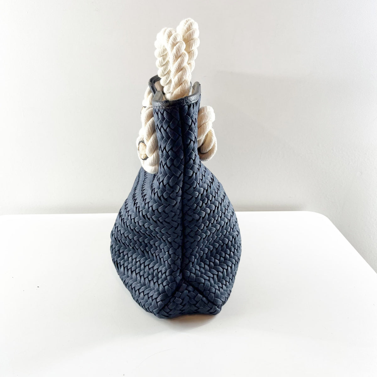 Talbots Nautical Woven Rope Handle Tote Bag Purse Navy Blue