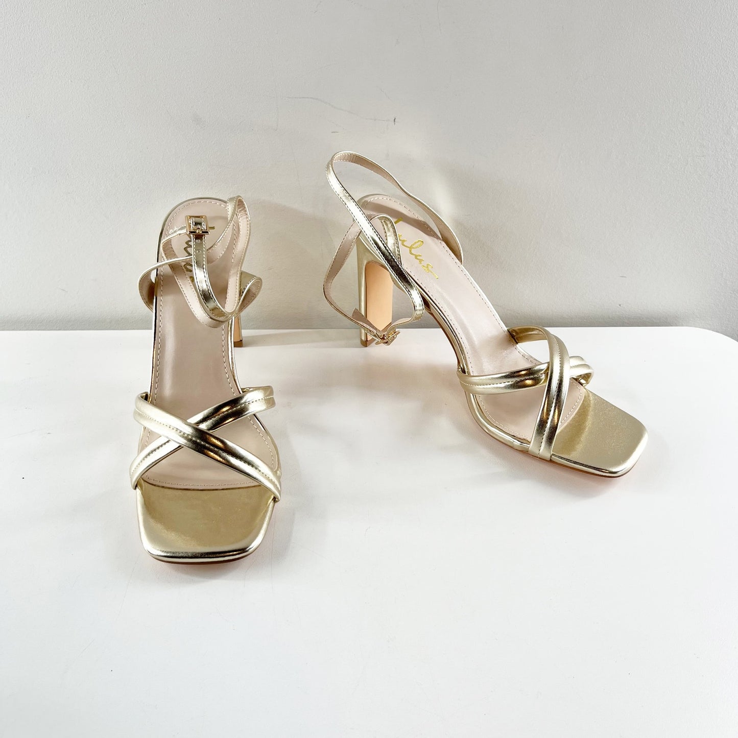 Lulus Milanii Square Toe Ankle Strap High Heel Sandals Metallic Gold 10