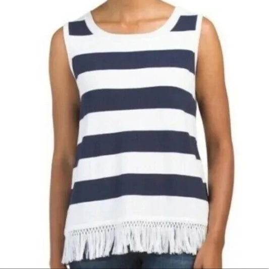 Sail to Sable Hydna Fringe Trim Striped Sweater Tank Top White Blue XS