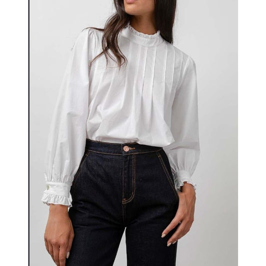 Rails Ariana Pintuck High Neck Long Sleeve Cotton Blouse Shirt Top White Medium