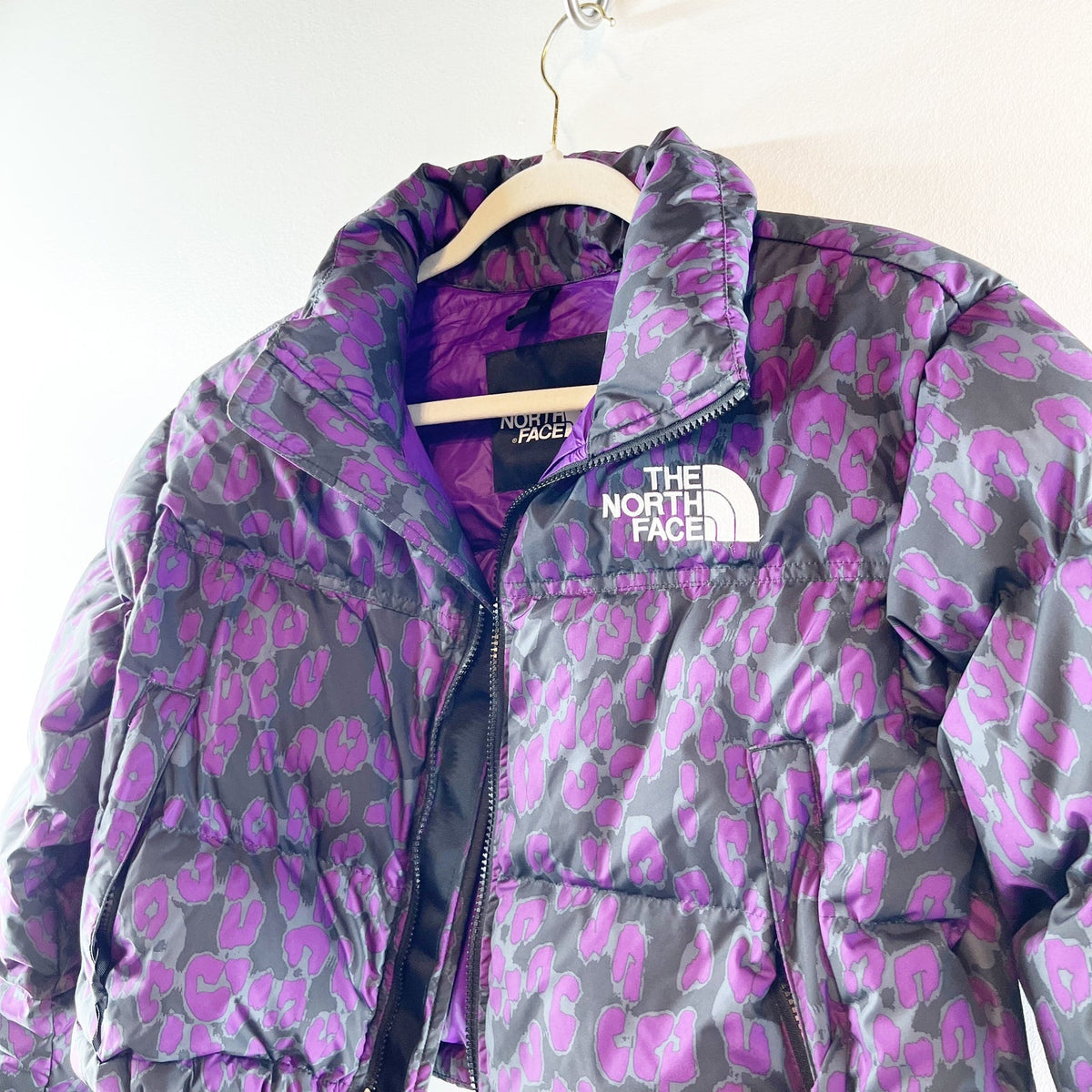 The North Face Purple Leopard Nuptse Cropped Puffer Jacket Small