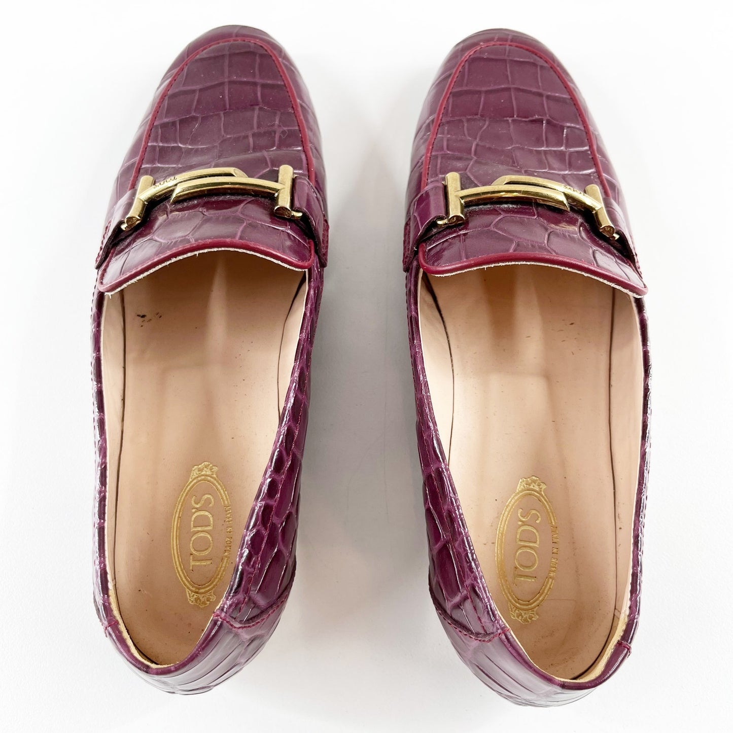 Tod's Kate Croc Embossed Leather Loafer Shoes Rosso Primitivo Maroon Red 38