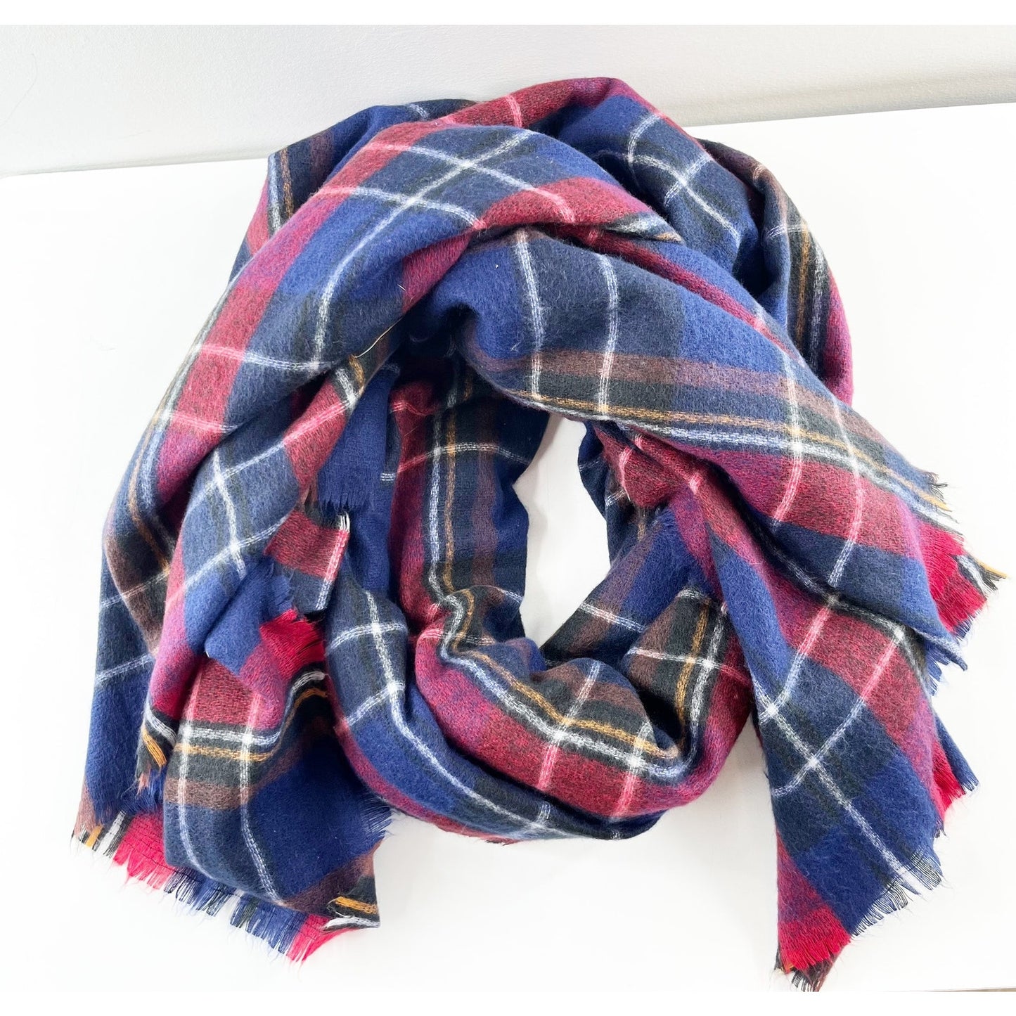 Plaid Tartan Fringe Blanket Wrap Scarf Blue Red