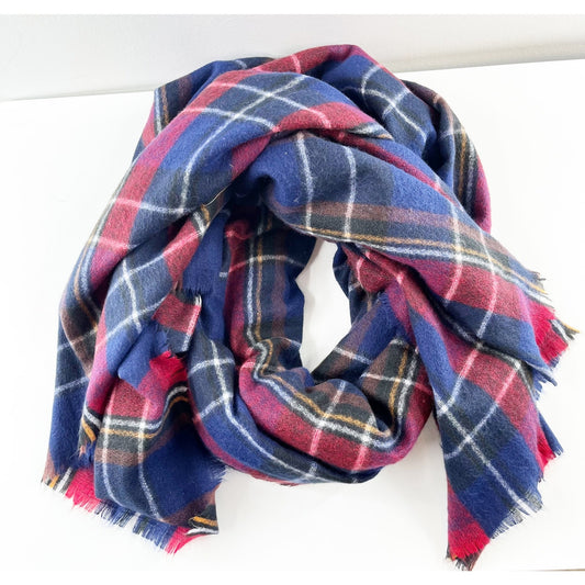 Plaid Tartan Fringe Blanket Wrap Scarf Blue Red