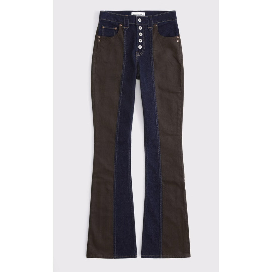 Abercrombie x Kemo Sabe High Rise Bootcut Faux Leather Two Tone Jeans Blue Brown