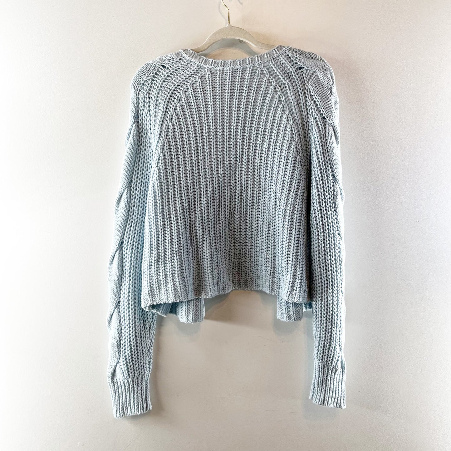 525 Long Cable Knit Sleeve Button Up Chunky Cotton Cardigan Sweater Light Blue L