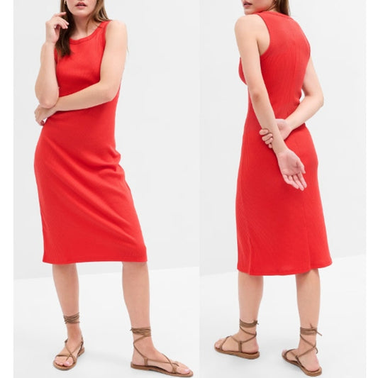 Gap Sleeveless Crewneck Straight Cut Fitted Ribbed Tank Midi Dress Red XS