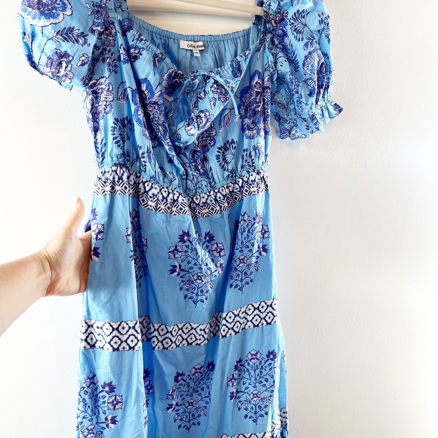 Celina Moon Short Puff Sleeve Printed Tie Front Maxi Dress Blue Medium