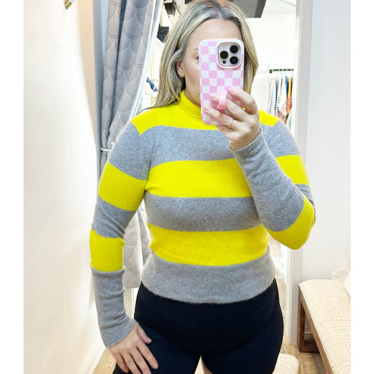 525 America Cashmere Striped Turtleneck Sweater Yellow Gray Small