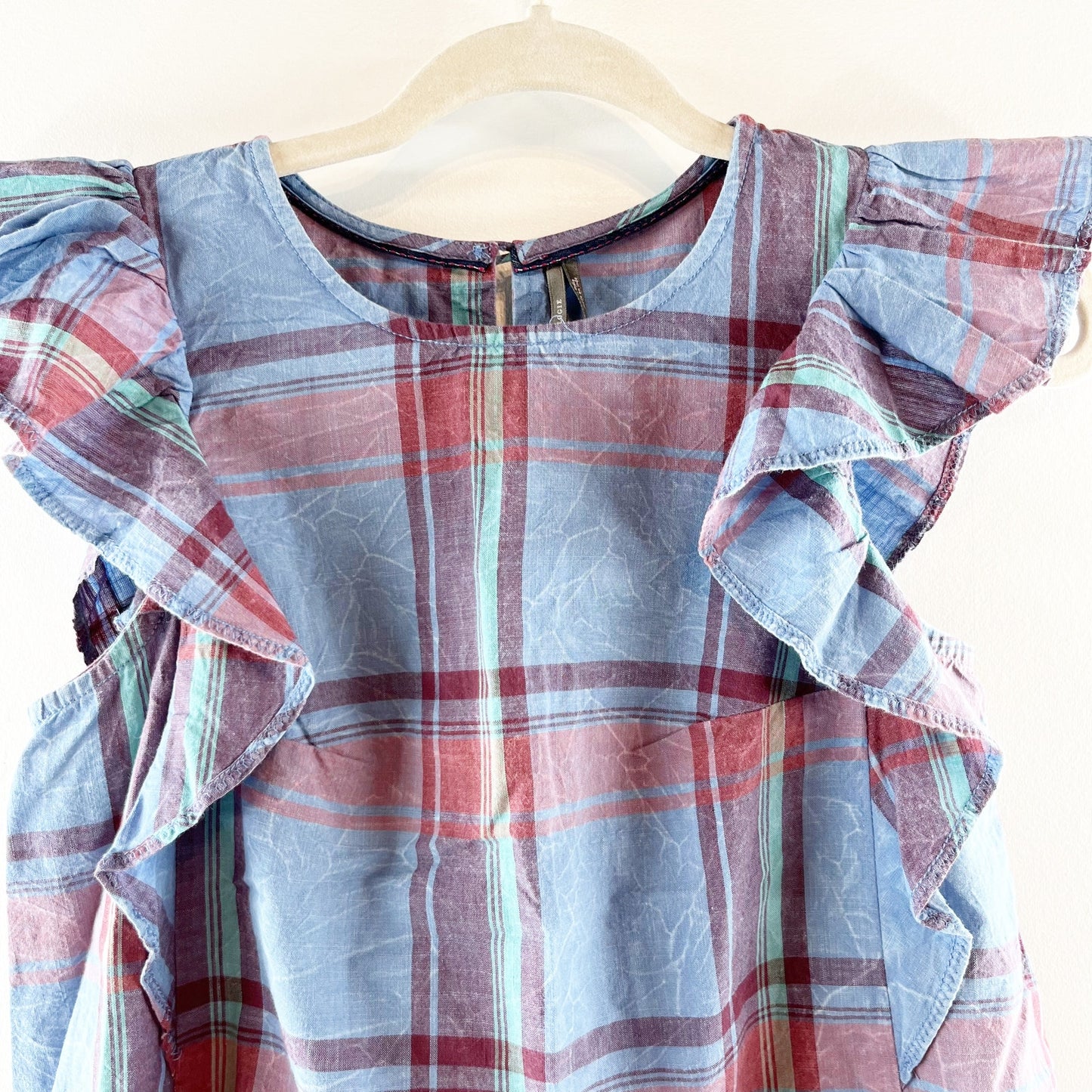 Anthropologie Amarette Plaid Tartan Ruffle Sleeve Top Blouse Blue Red XXS