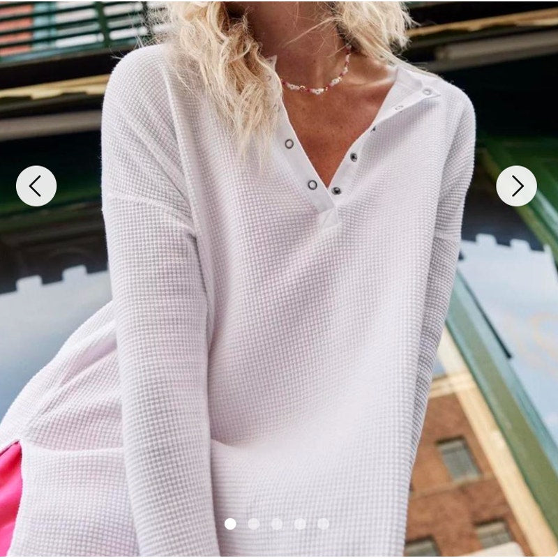 OFFLINE by Aerie Long Sleeve Waffle Knit Henley Crewneck Top White Medium