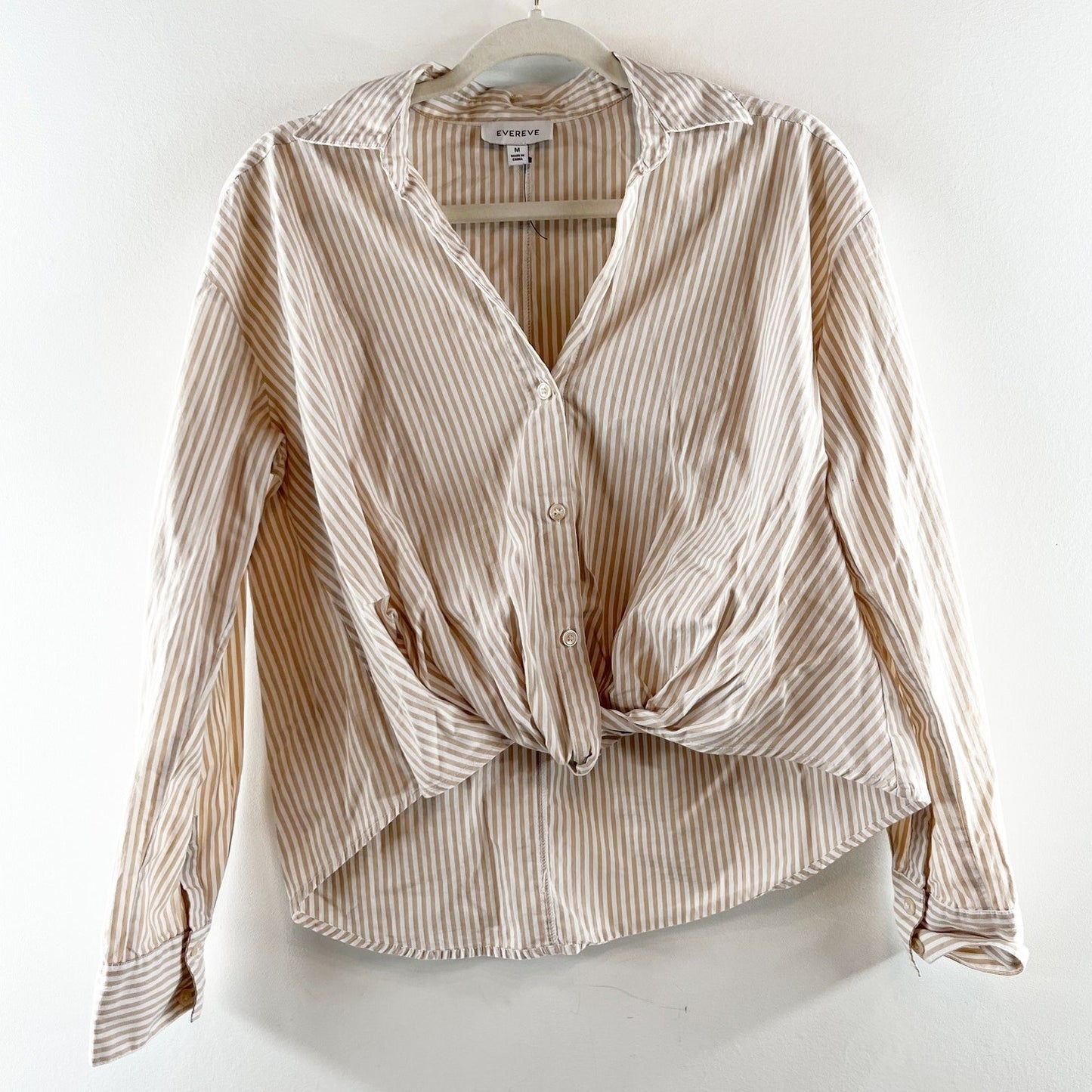 Evereve Striped Long Sleeve Cropped Poplin Button Down Shirt Tan White Medium