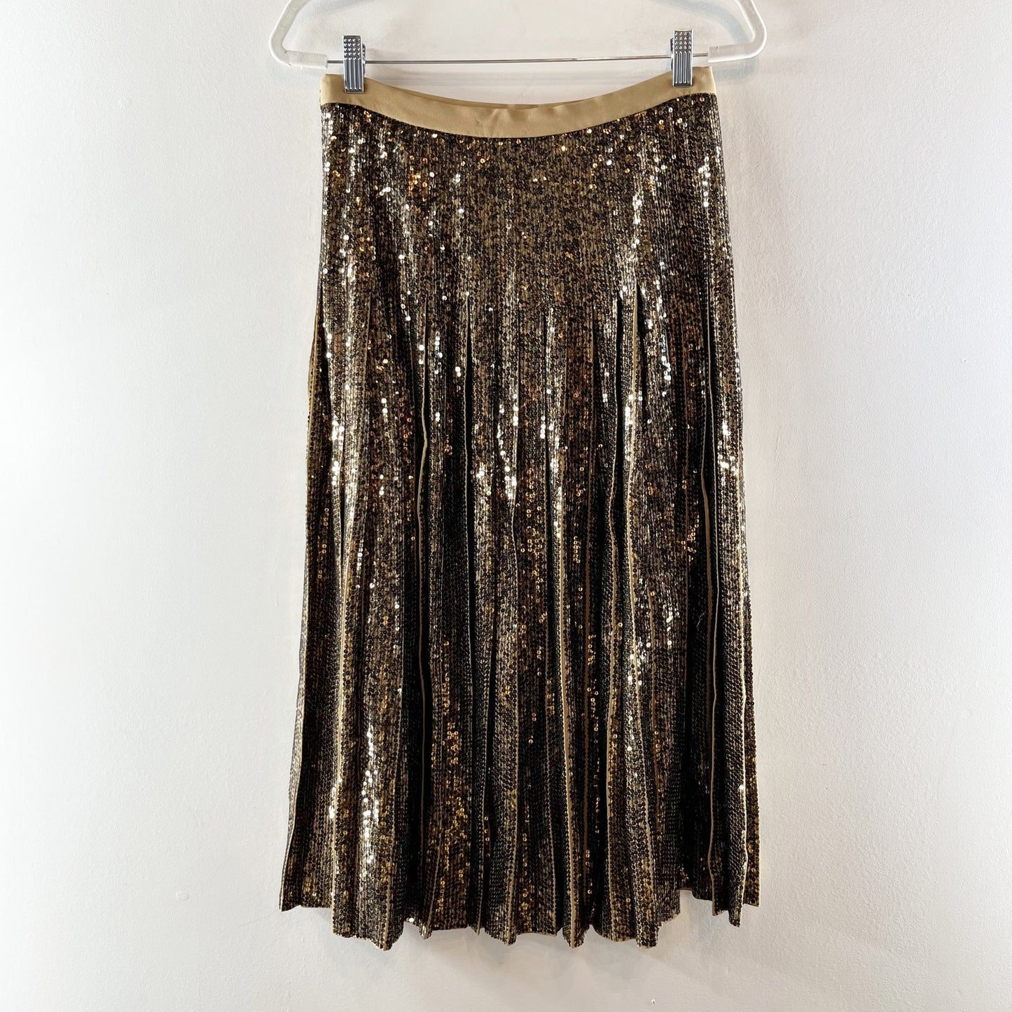 Michael Kors Collection Pleated Sequin Midi Skirt Barley Brass Gold 6