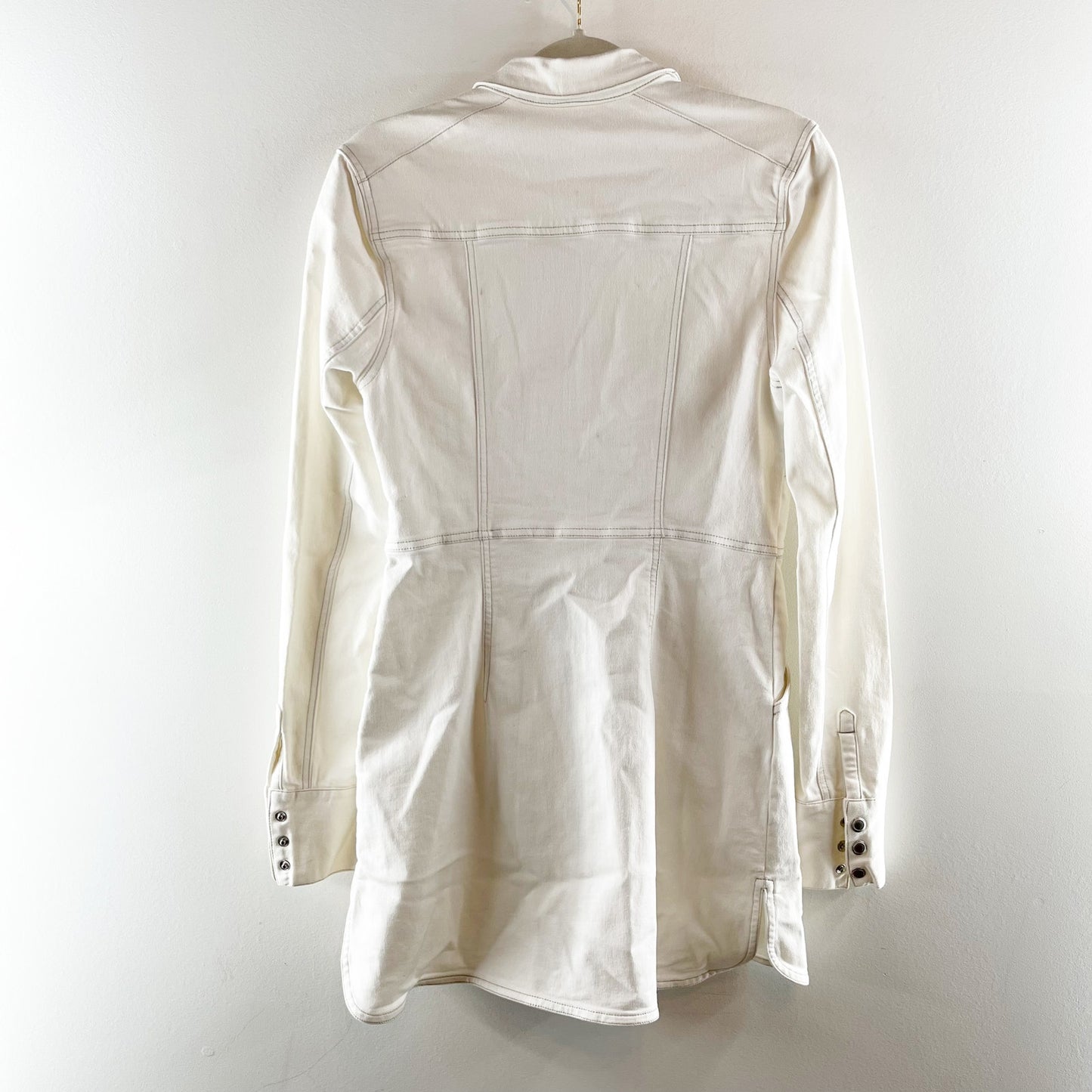 Free People Dynomite Long Sleeve Denim Snap Button Mini Shirt Dress White Small
