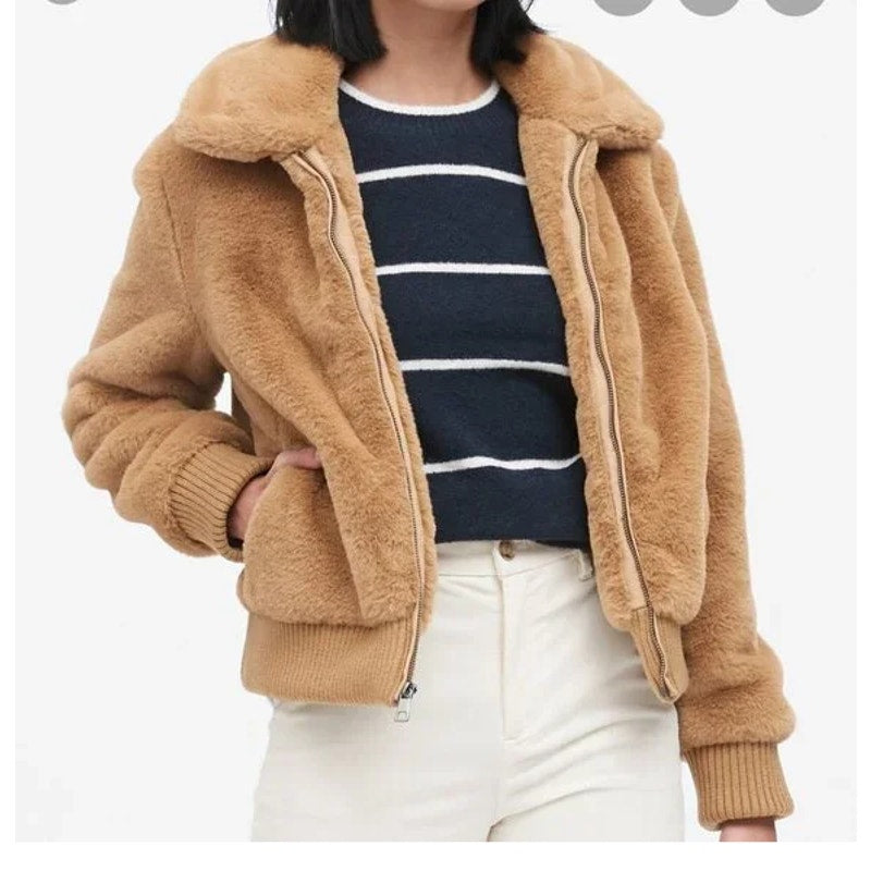 Banana Republic Full Zip Faux Fur Bomber Jacket Camel Brown Medium