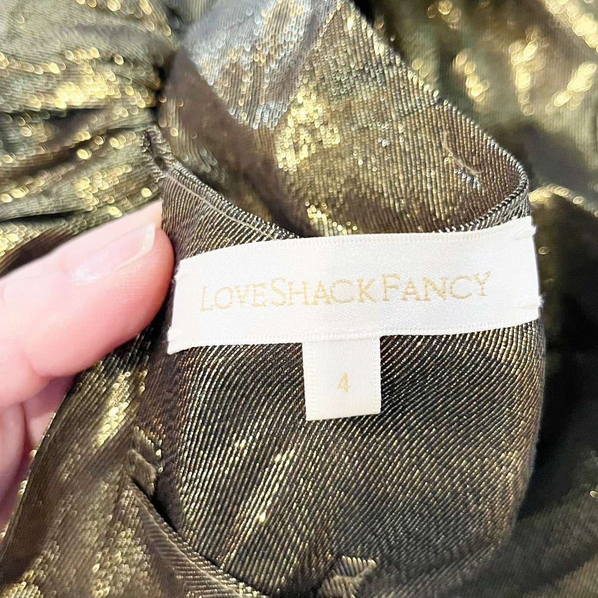 Loveshackfancy Mercy Short Puff Sleeve Metallic Tie Waist Mini Dress Gold 4