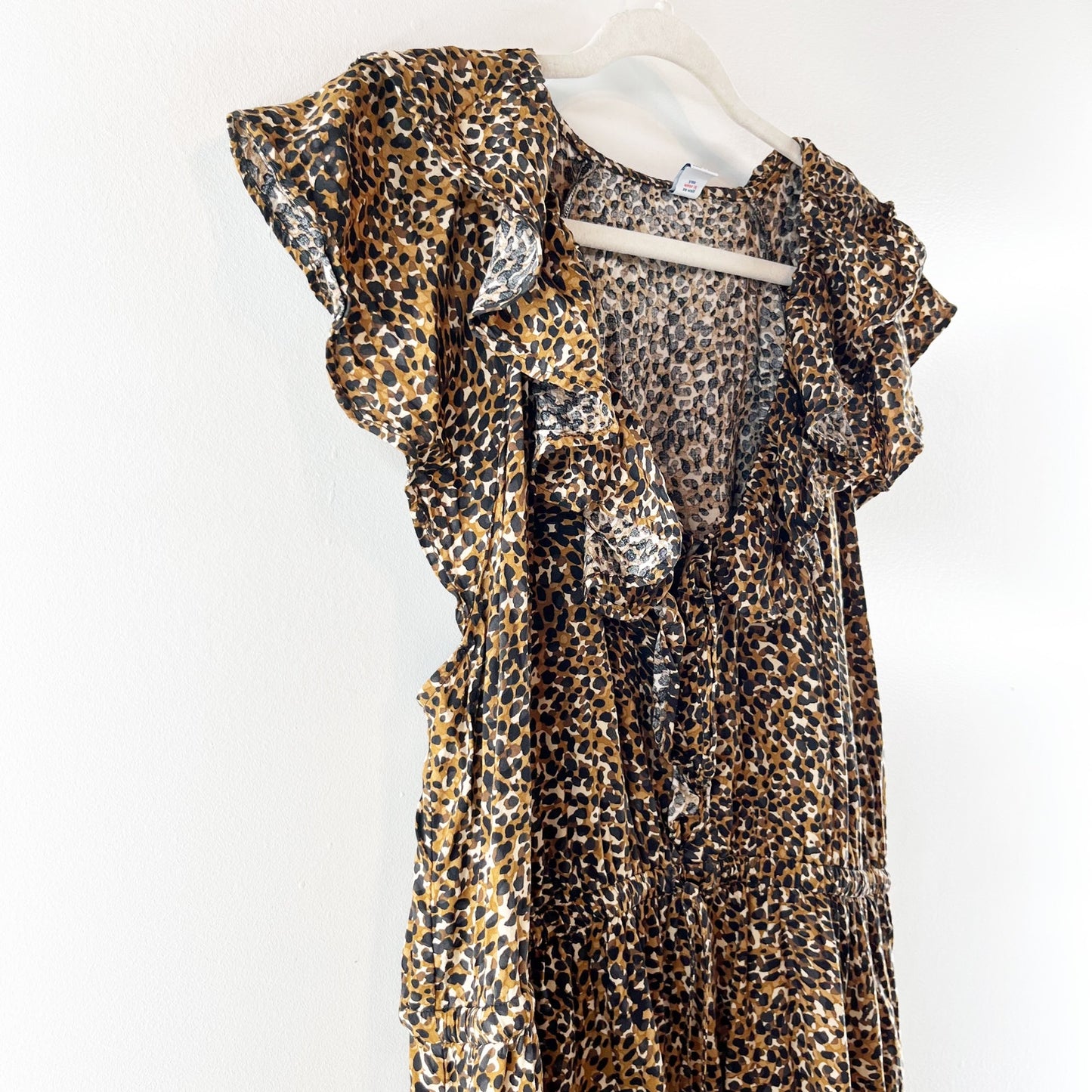 Old Navy Waist Defined Ruffle Trim Mini Dress Leopard Wild Spots Brown XL