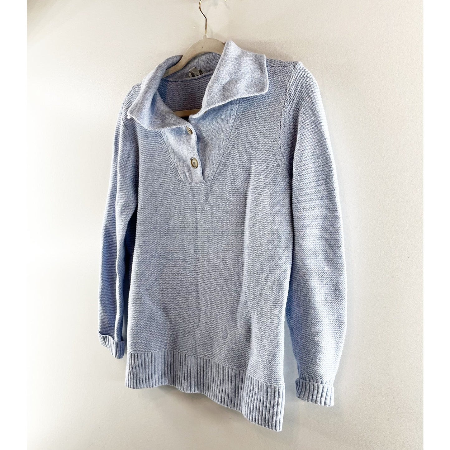 Talbots Button Front Ribbed Breton Long Sleeve Pullover Sweater Blue Small