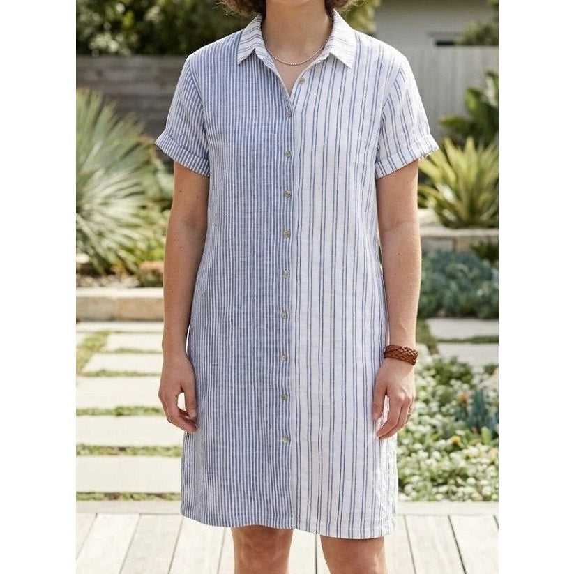 C&C California Striped Short Sleeve Button-Up Mini Shirt Dress White Blue Large