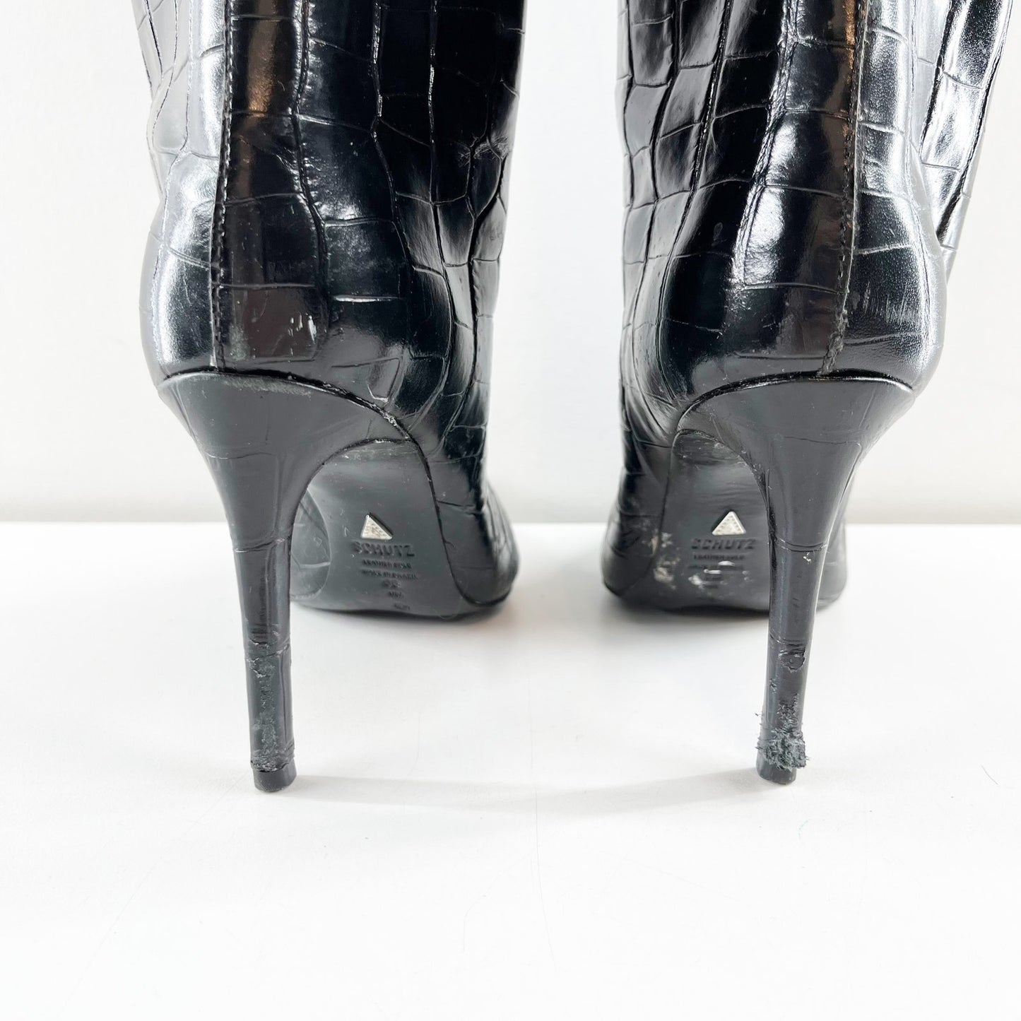 Shutz Maryana Knee High Croc Embossed Stiletto Heel Boots Black 6