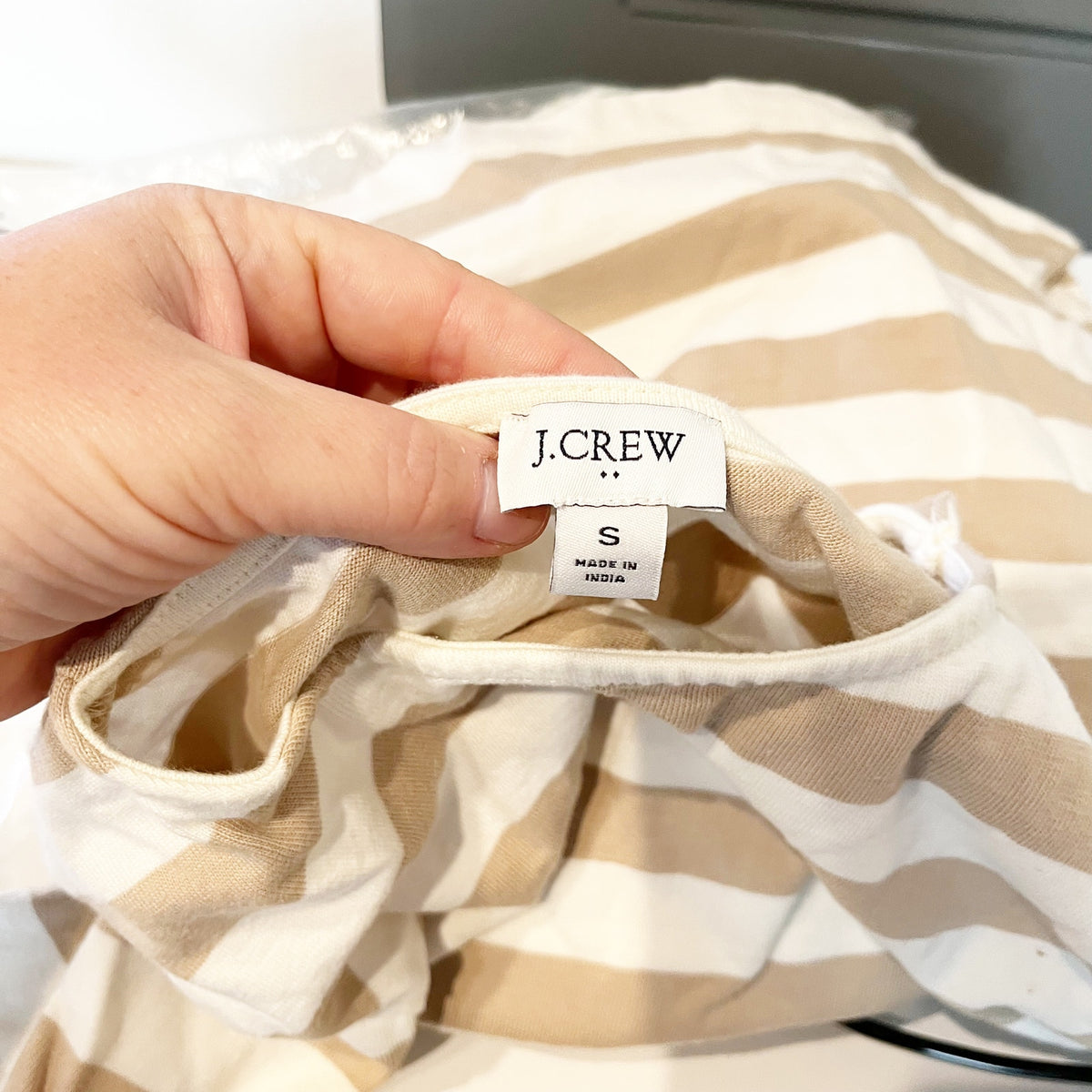 J. Crew Striped Cotton Short Sleeve Tee Shirt Gold Buttons Cream Tan Small