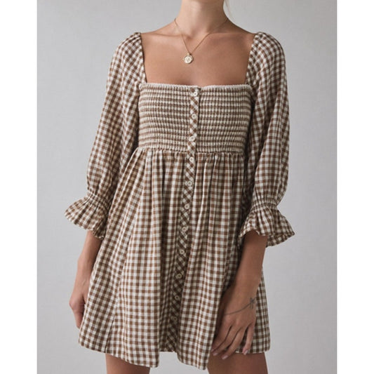 Kimchi Blue Cute As A Button Puff Sleeve Babydoll Minidress Brown Gingham Medium