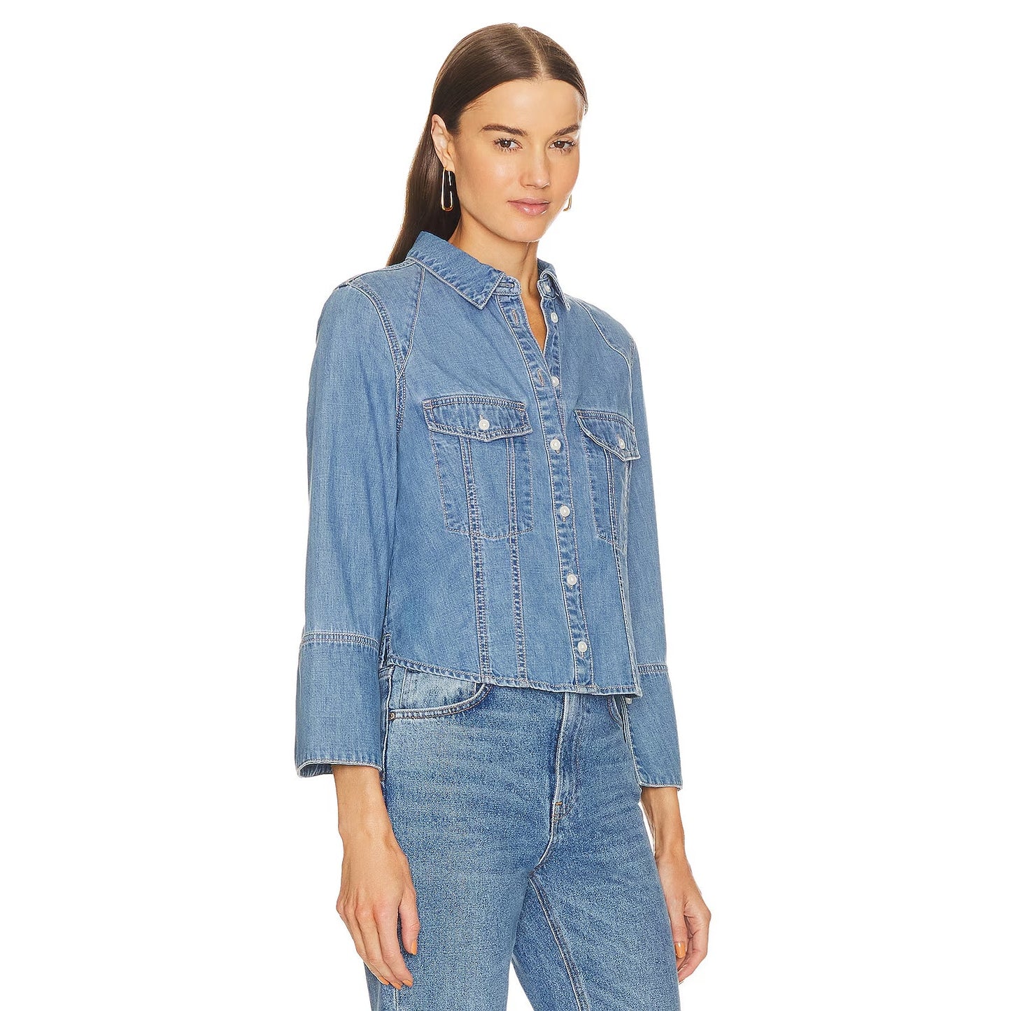 Veronica Beard Tivi Long Sleeve Chambray Denim Button-Down Shirt Iceberg Small
