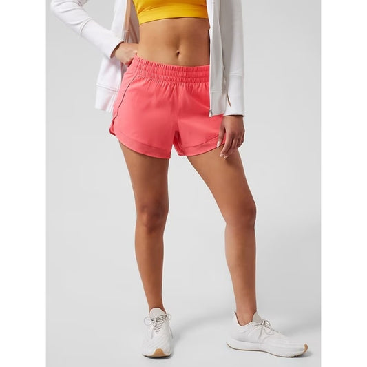 Athleta High Rise Mesh Racer Run Lined Running Shorts Coral Pink Large