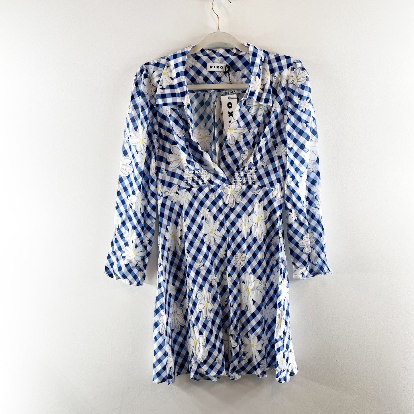 RIXO Renata Riviera Daisy Check Print Mini Dress Blue and White US 4 / XS